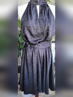 BCBG Paris Black Leopard Jacquard Halter Dress Size L 12-14 NWT